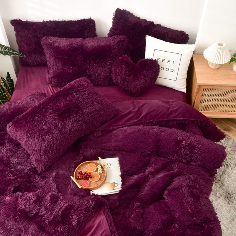 MorroMorn 5 PCS Shaggy Duvet Cover Bedding Set - Fluffy Comforter Cover Long Faux Fur Luxury Ultra Soft Cozy (Maroon, Full/Queen) - Image 2